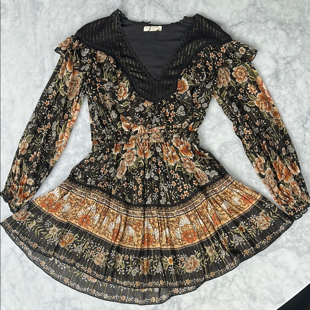 Spell & The Gypsy Floral Black and Orange mini long sleeve Dress NWT small